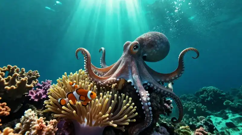An intelligent octopus watches clownfish nesting in a vibrant reef