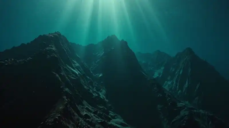 A massive underwater mountain range rises through dark teal waters