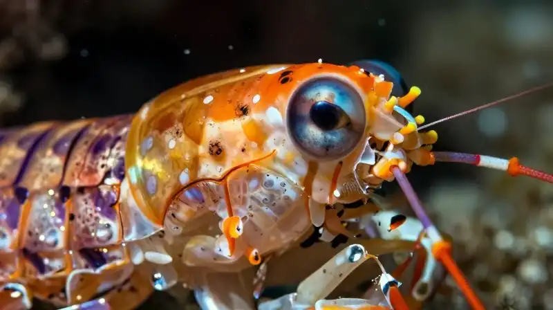 A colorful mantis shrimp eye shines against the deep ocean