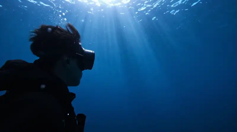 A silhouette peers through glass into the deep blue ocean