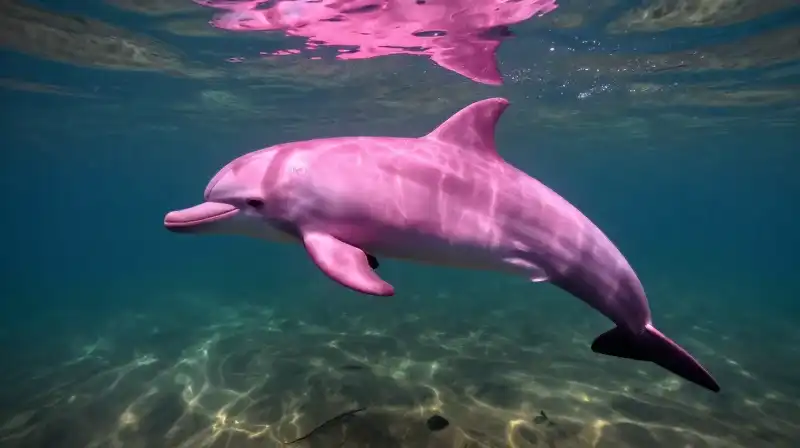 A vivid pink dolphin swims through swirling river currents