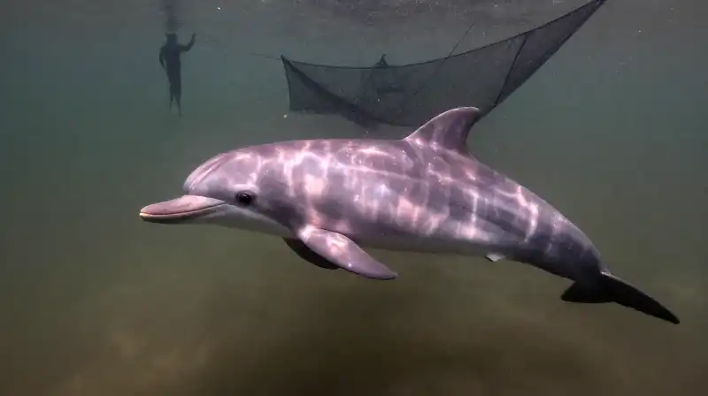 A pink dolphin swims through murky water with shimmering particles