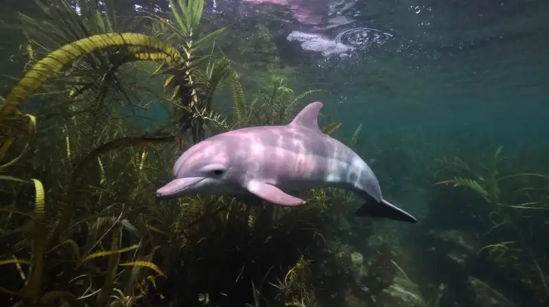 A pink river dolphin swims through murky, vegetated Amazonian waters