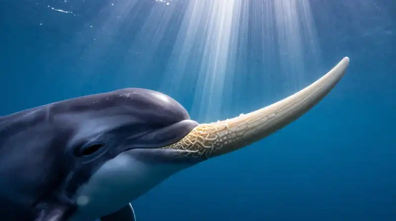 A narwhals spiraled tusk textures in deep blue ocean water