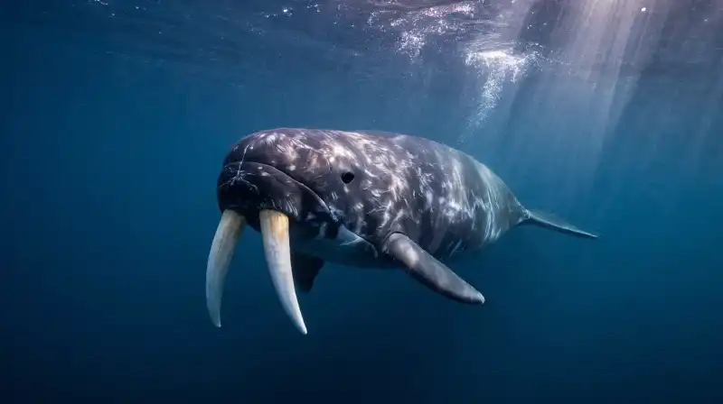 A mottled gray narwhal swims through shimmering arctic waters
