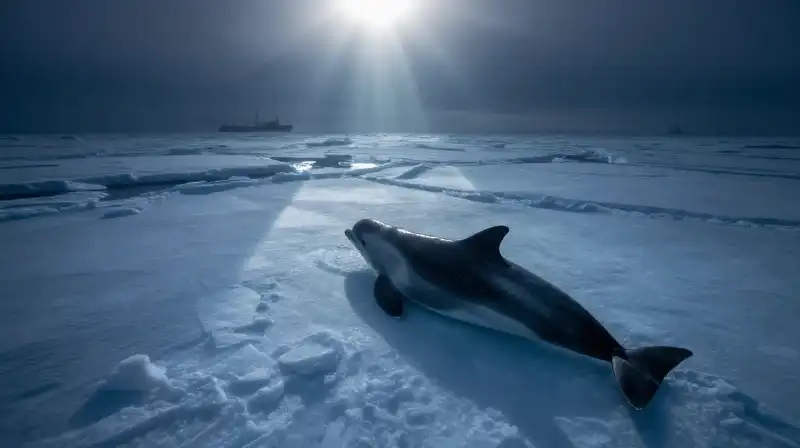 A lone narwhal swims through melting ice and dark waters