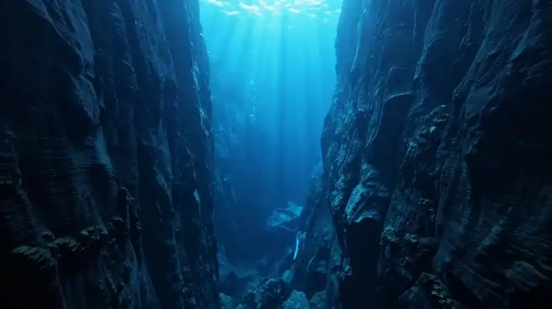 Light shafts pierce the dark blue depths of a canyon
