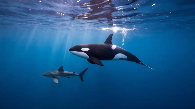 A majestic orca swims near a great white shark