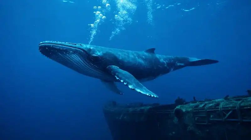 A massive blue whale silhouette swims past an ancient shipwreck
