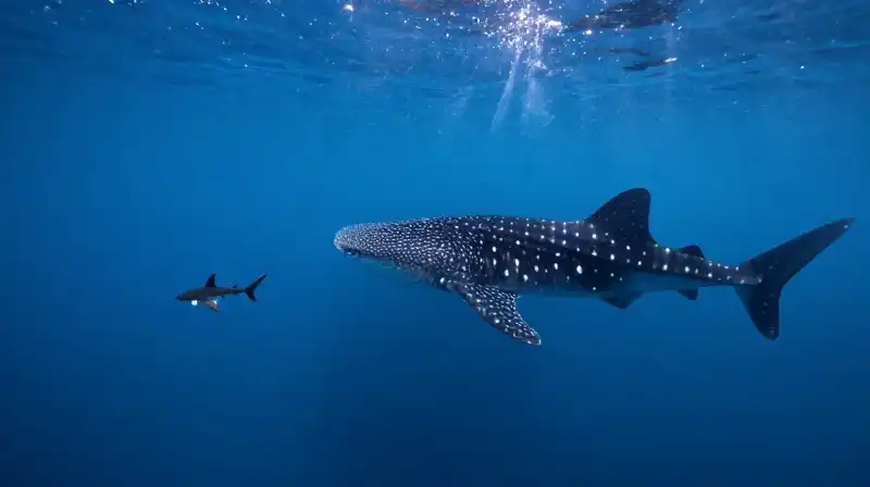 A tiny glowing shark swims beside a massive whale shark