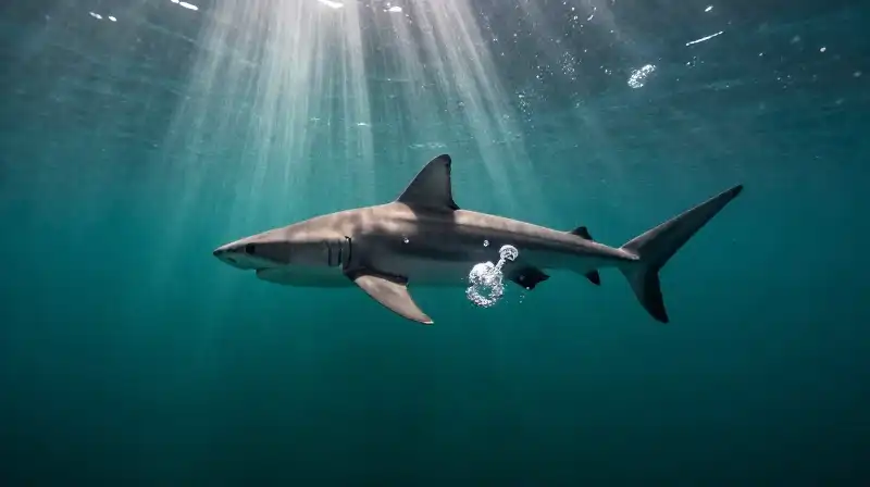 A sand tiger shark hovers in deep teal water