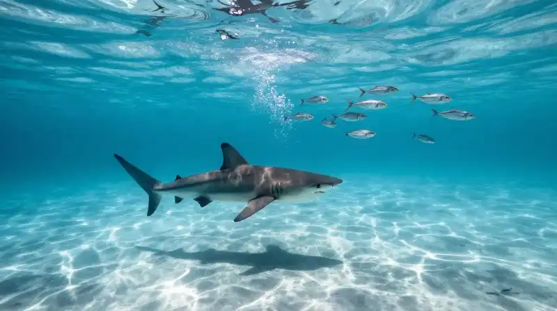 A sand tiger shark swims through bubbles near silver fish
