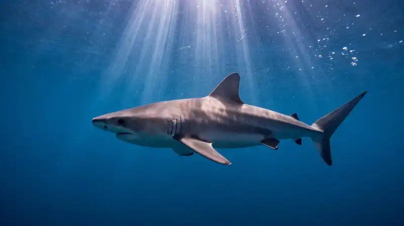 A majestic sand tiger shark glides through deep blue water