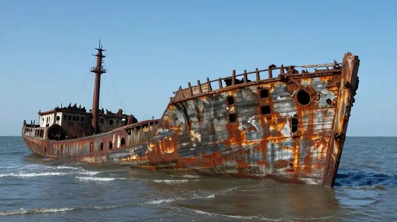 A wooden shipwreck and rusted airplane rest on the seafloor