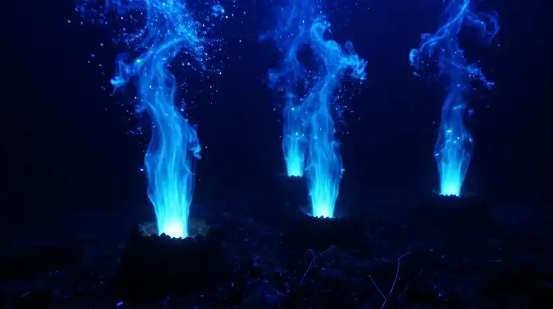Glowing deep-sea creatures drift near luminous hydrothermal vents
