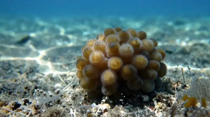 Tiny jellyfish larvae drift above a sunlit ocean floor