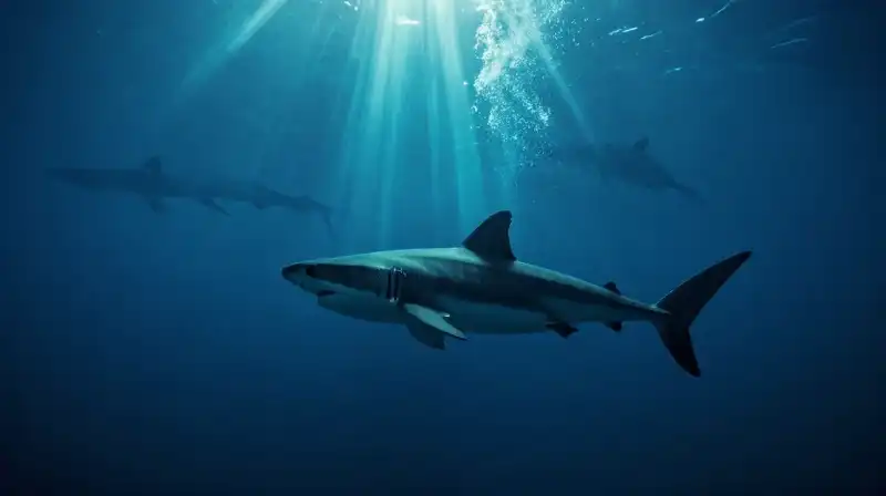 An ancient Greenland shark swims through a deep, dark abyss