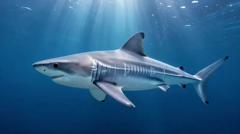 Translucent sand tiger shark pups floating in deep blue water