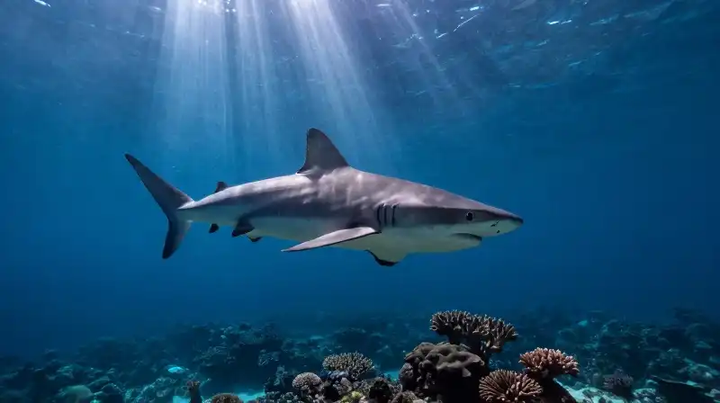 A majestic shark glides through sunlight and coral reefs