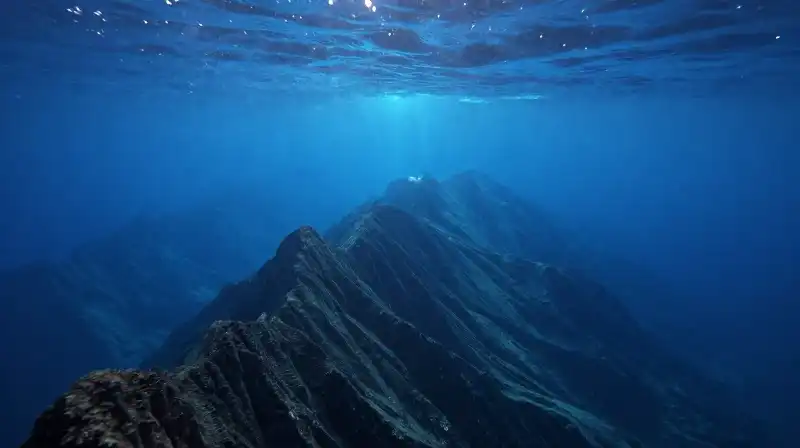 Sunlight pierces a deep blue abyss over underwater mountains