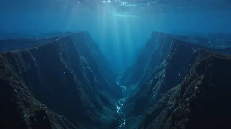 Sunlight streams down onto vast, deep underwater mountain ranges