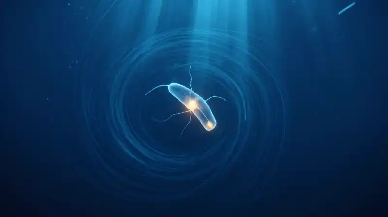 Glowing phytoplankton swirl through deep, blue ocean currents