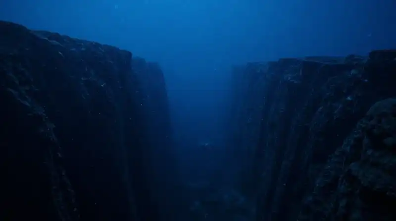 A vast, dark blue oceanic void filled with floating particles