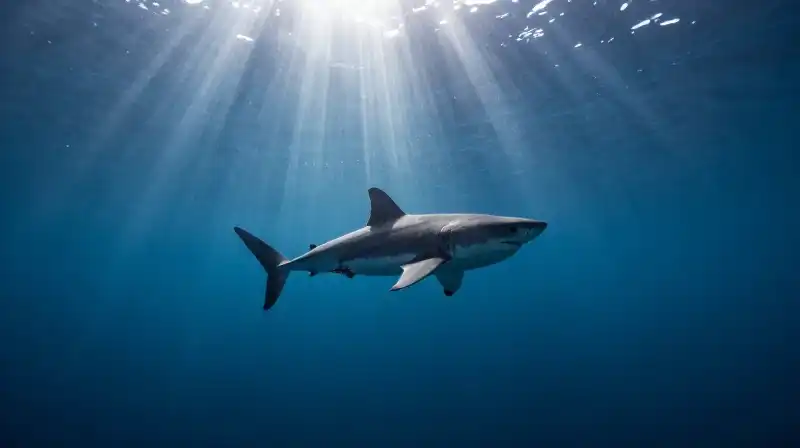 A great white shark swims upward toward a seals silhouette