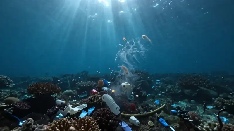 Plastic debris drifts through a murky, dying coral reef