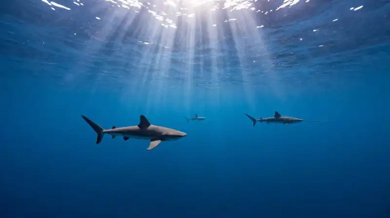 Three thresher sharks swim through sunlit deep blue ocean waters