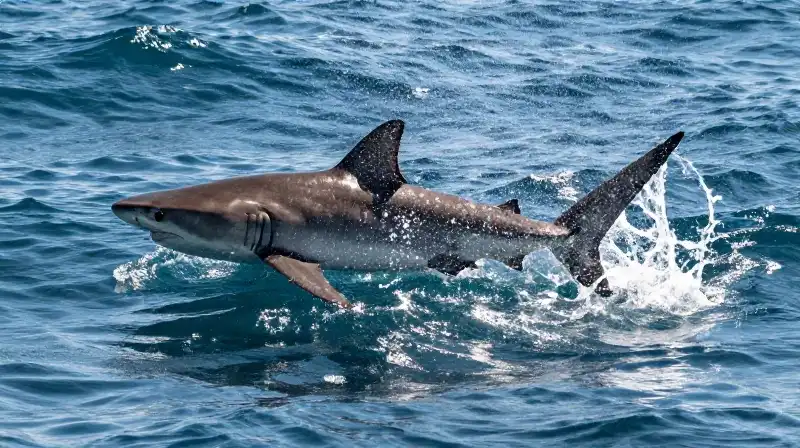 A thresher shark breaches the ocean, splashing through sunlight
