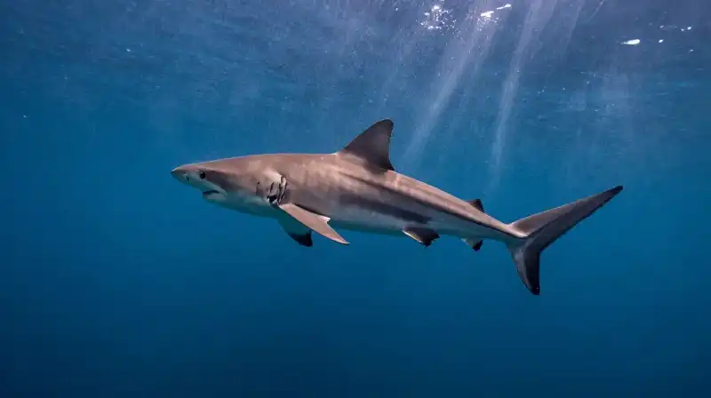 A majestic thresher shark swims through deep blue ocean waters