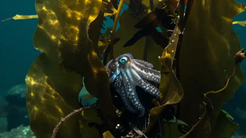 A small cephalopod rests among forest-like kelp in teal water
