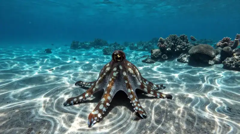 A mimic octopus blends into a colorful, sunlit coral reef