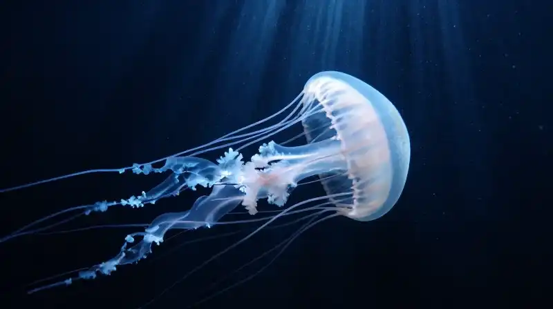 Translucent jellyfish and salps disintegrate in a dark abyss