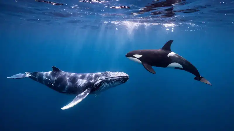 A whale and orca float amidst glowing krill clouds