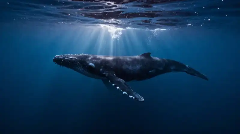 An orca hunts near a whales silhouette in deep blue